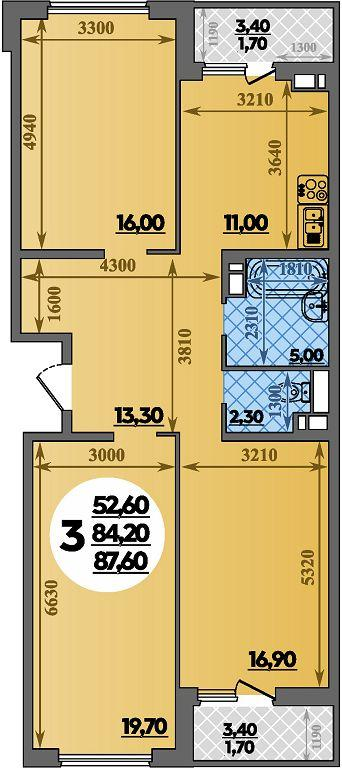 3-комнатная 87 м2 в ЖК Парк у дома корпус null этаж 7