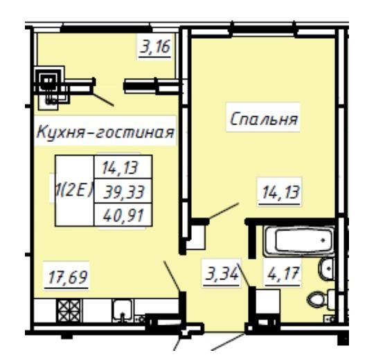 1-комнатная 40.9 м2 в ЖК undefined корпус null этаж 2