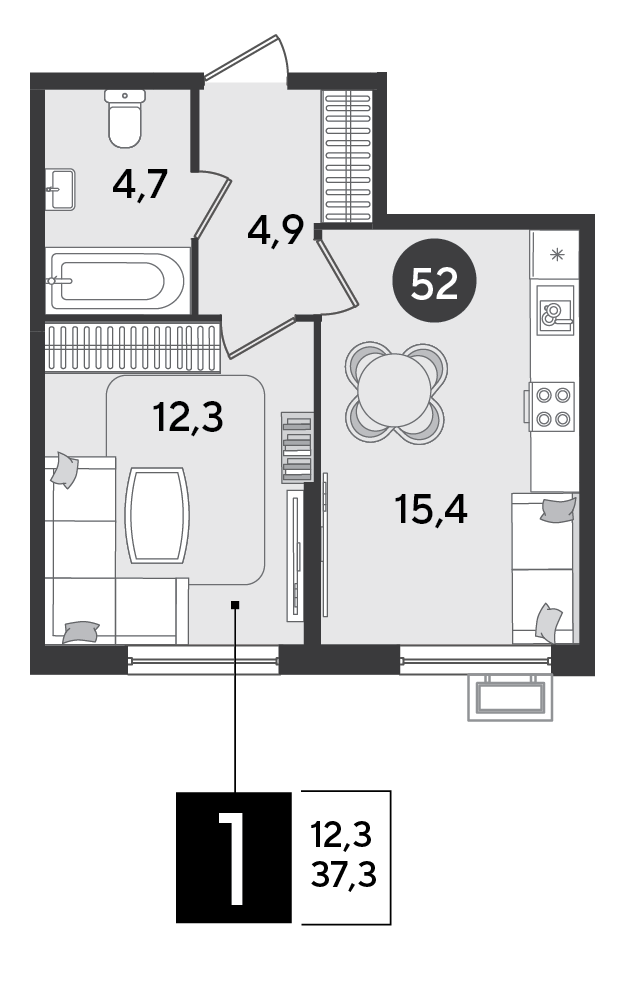 1-комнатная 37 м2 в ЖК Парк Победы 2 корпус null этаж 2