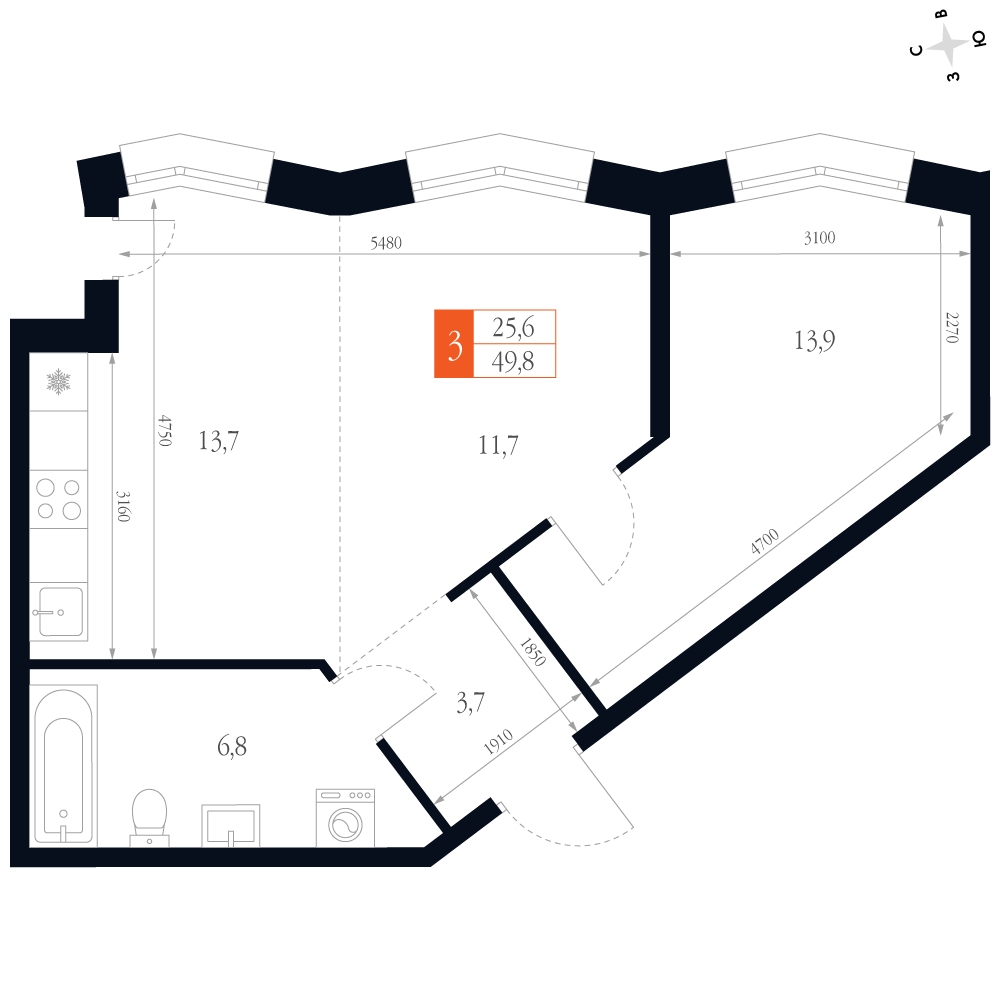 2-комнатная 49 м2 в ЖК Фордевинд корпус null этаж 4