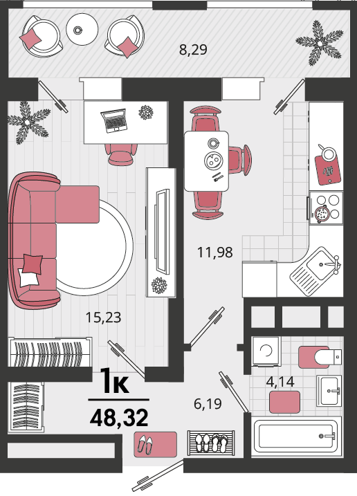 1-комнатная 45 м2 в ЖК Родные просторы корпус null этаж 10