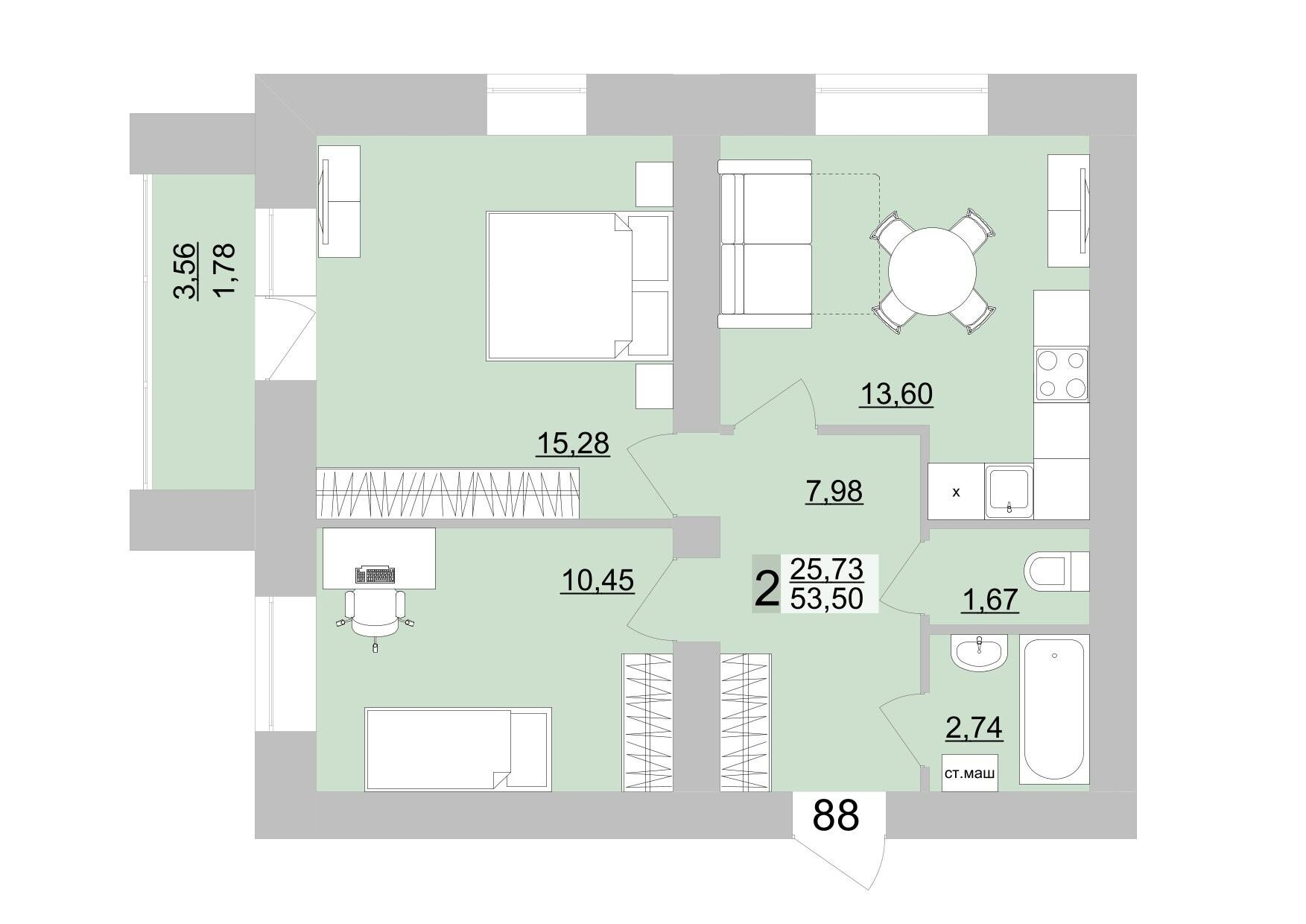2-комнатная 55 м2 в ЖК Философия Идеалистов на Театральной корпус null этаж 15