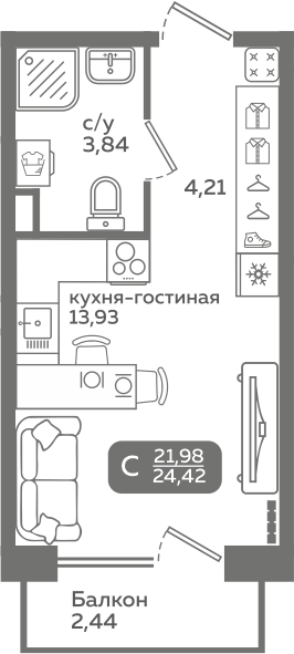 Студия 21 м2 в ЖК Меридиан Слобода корпус null этаж 2