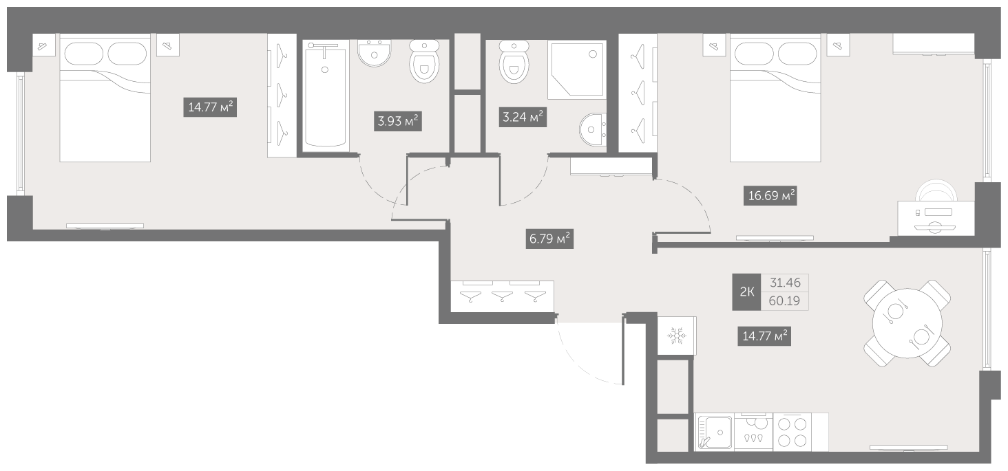 2-комнатная 60 м2 в ЖК UP-квартал Новый Московский корпус null этаж 3