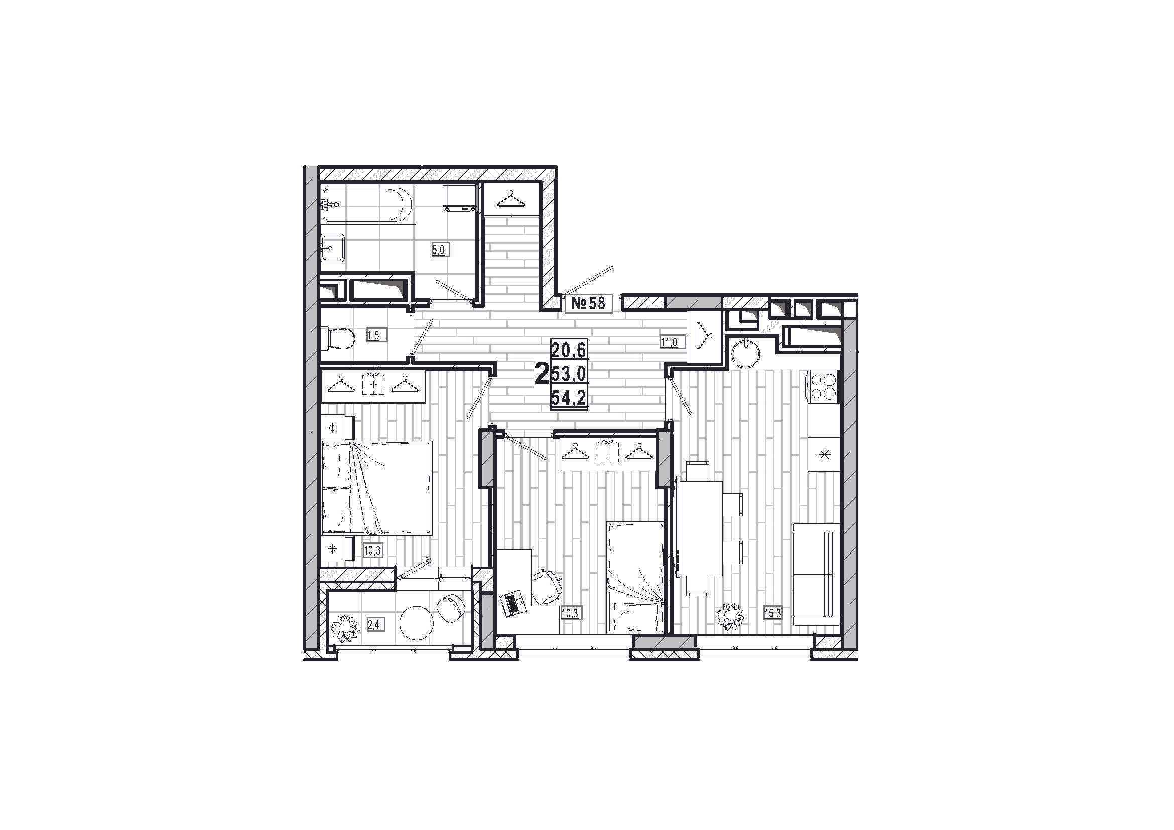 2-комнатная 54 м2 в ЖК Дом на Маяковского корпус null этаж 7