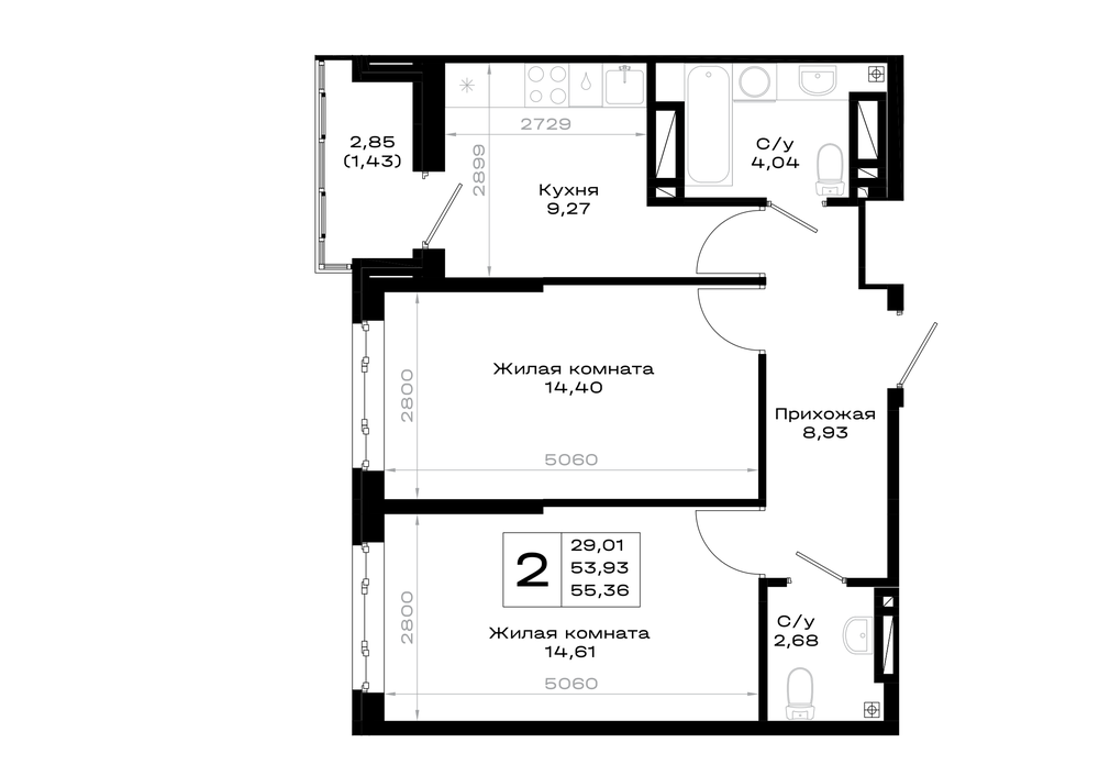 2-комнатная 55 м2 в ЖК Октябрь парк корпус null этаж 3