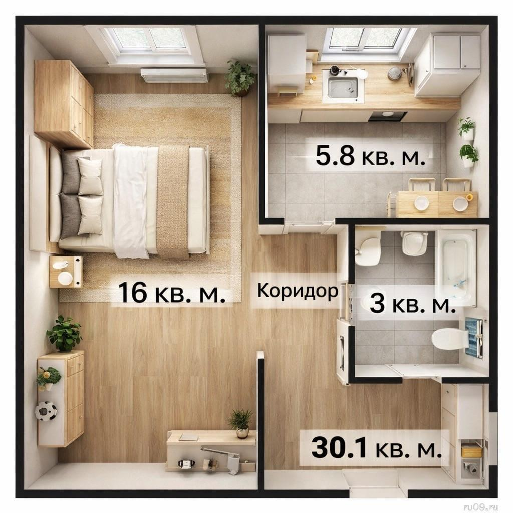 1-комнатная 30.1 м2 в ЖК undefined корпус null этаж 1