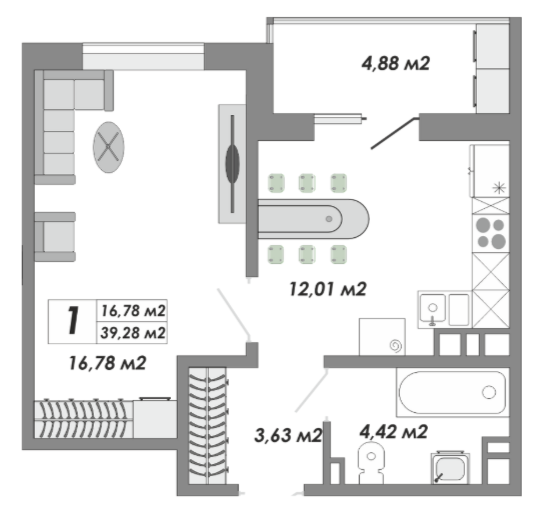 1-комнатная 39.3 м2 в ЖК undefined корпус null этаж 2