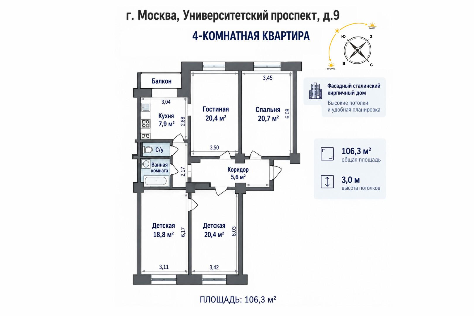 4-комнатная 106.3 м2 в ЖК undefined корпус null этаж 6