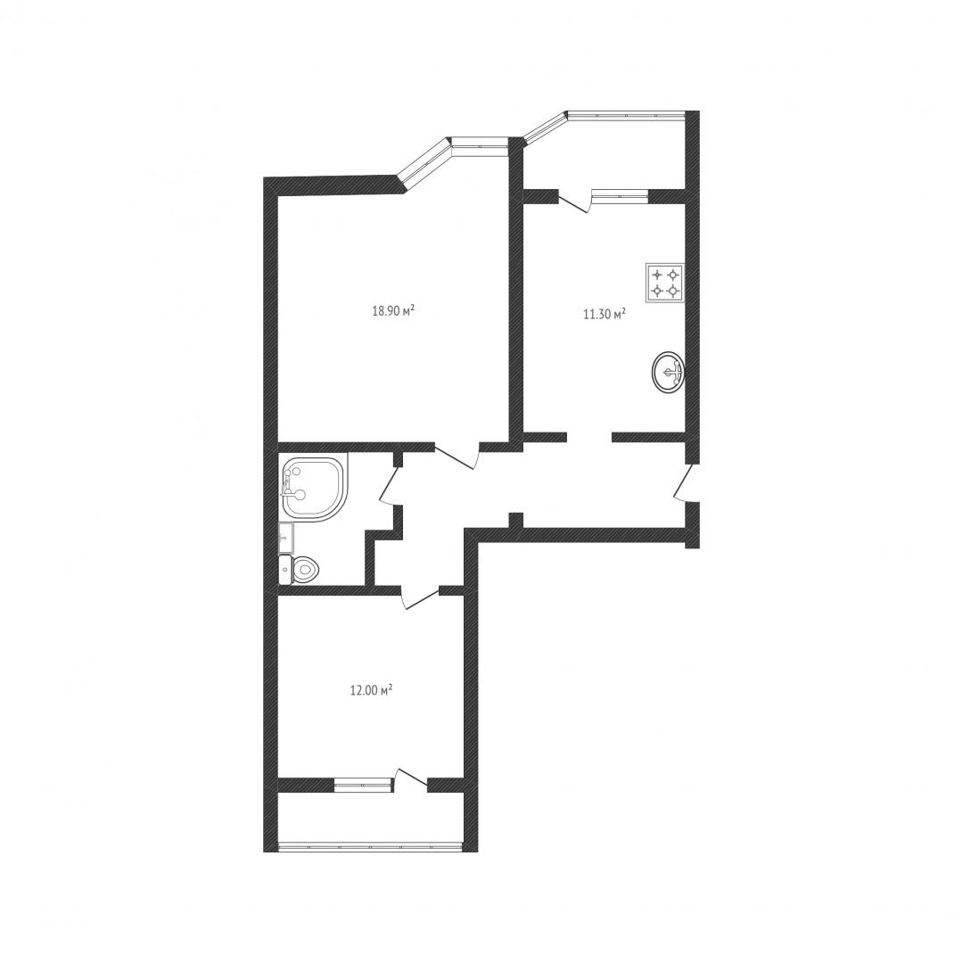 2-комнатная 57.7 м2 в ЖК undefined корпус null этаж 3