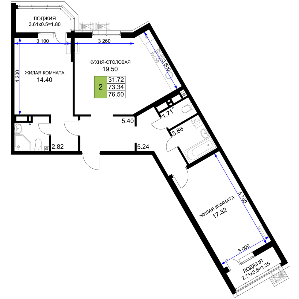 2-комнатная 76 м2 в ЖК Фонтаны корпус null этаж 8