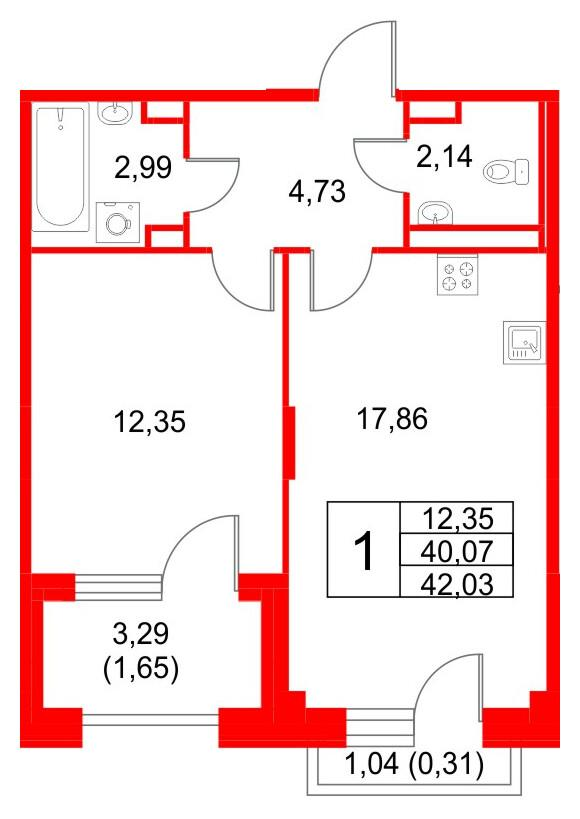 1-комнатная 42 м2 в ЖК Кронфорт. Центральный корпус null этаж 3