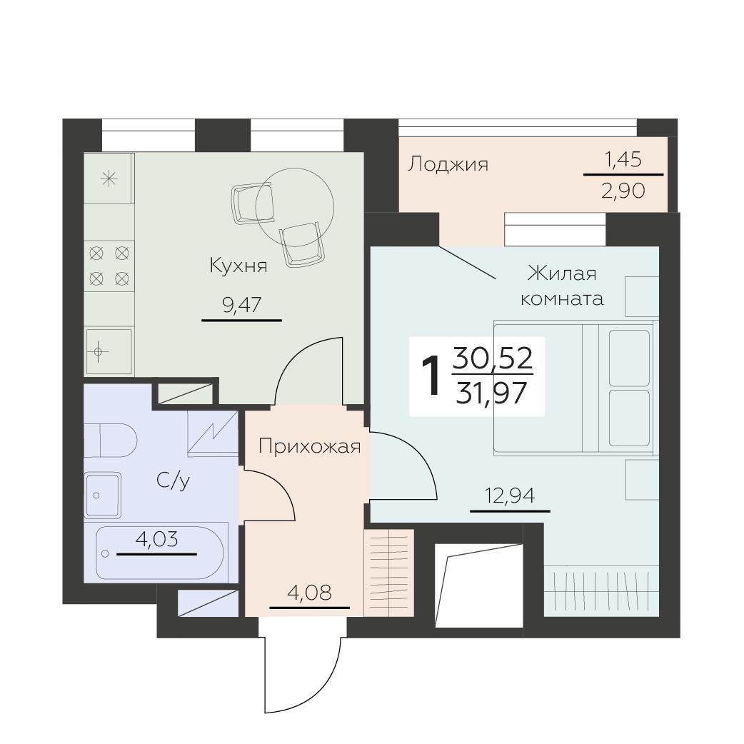 1-комнатная 31 м2 в ЖК Заря корпус null этаж 11