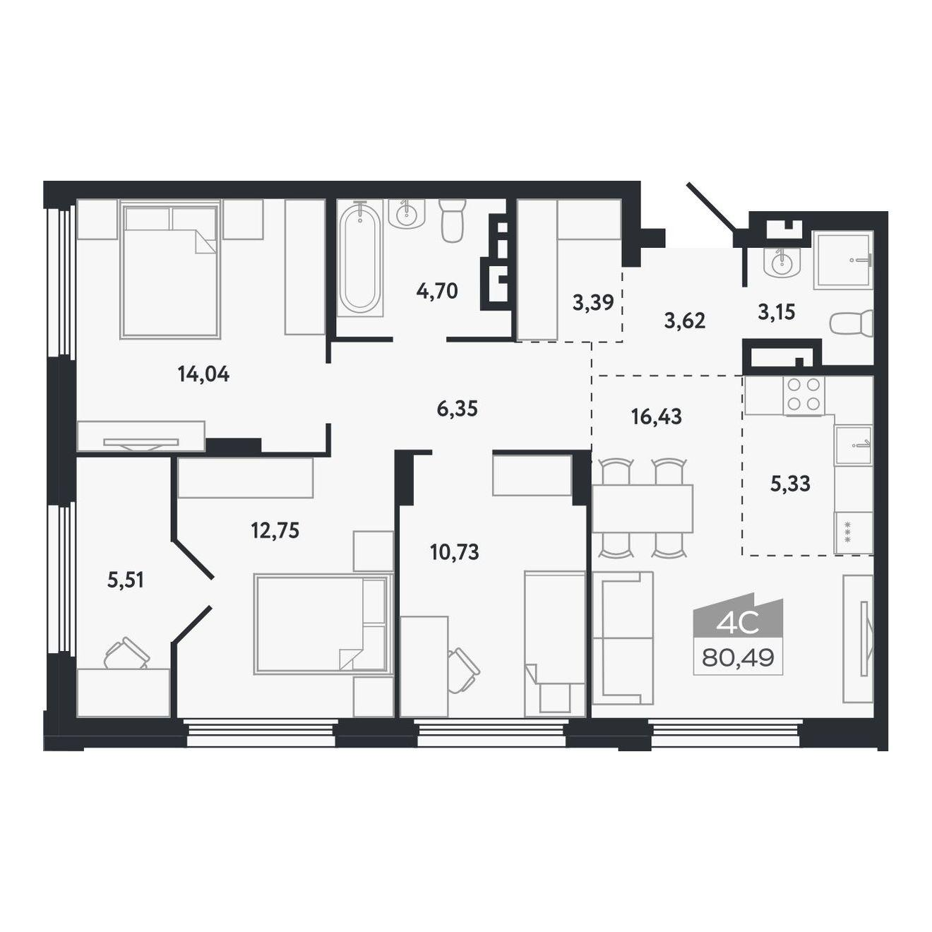 4-комнатная 80 м2 в ЖК Квартал 1604 корпус null этаж 14