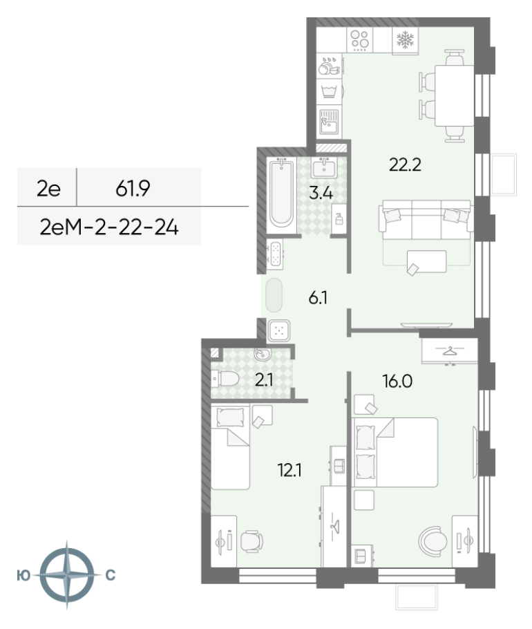 3-комнатная 61.9 м2 в ЖК undefined корпус null этаж 3