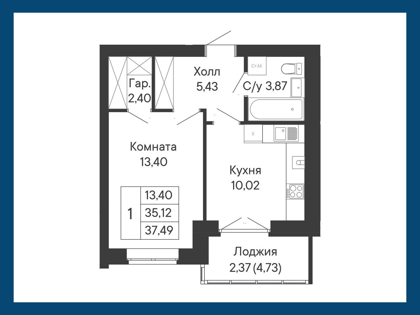 1-комнатная 37 м2 в ЖК Курортный квартал «Ривьера» корпус null этаж 3