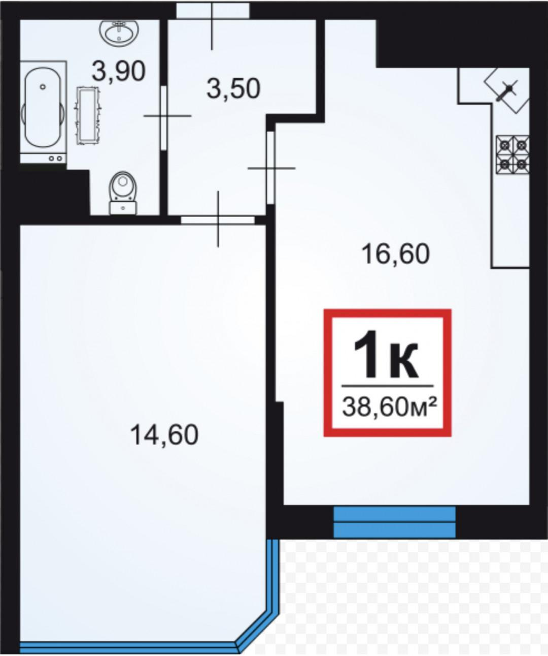 1-комнатная 38.5 м2 в ЖК undefined корпус null этаж 7