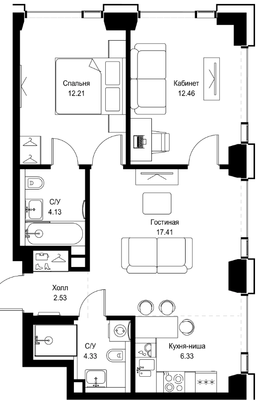 3-комнатная 59.4 м2 в ЖК undefined корпус null этаж 28