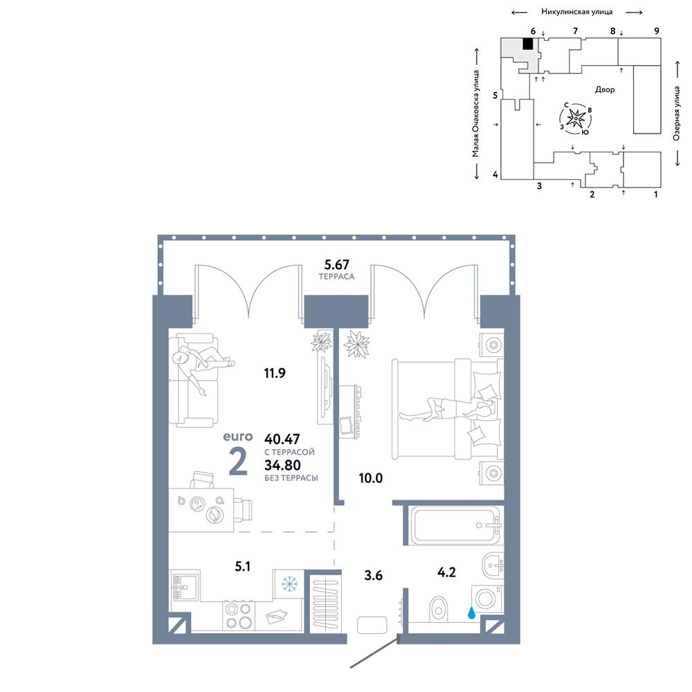 2-комнатная 40 м2 в ЖК Страна.Озёрная корпус null этаж 8