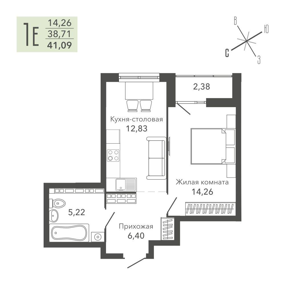 1-комнатная 40 м2 в ЖК Жилая среда «Шишкин» корпус null этаж 4