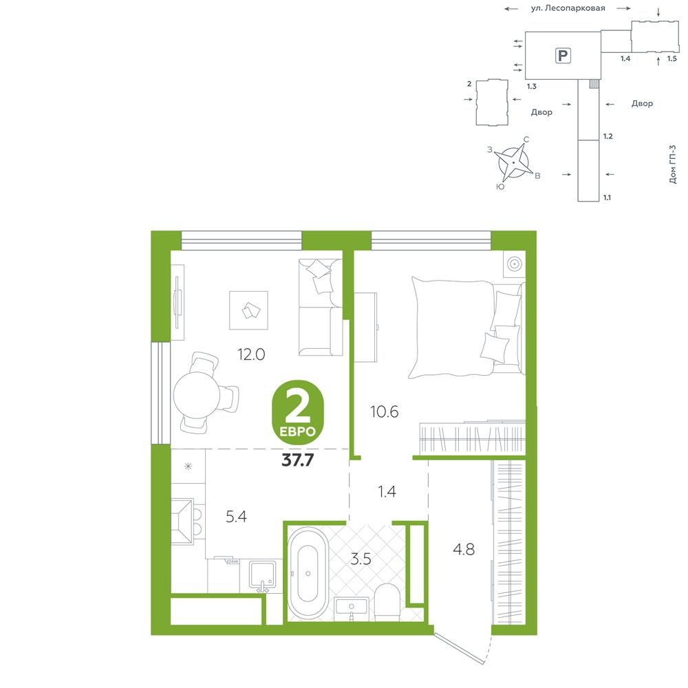 1-комнатная 37 м2 в ЖК Чистые пруды корпус null этаж 13