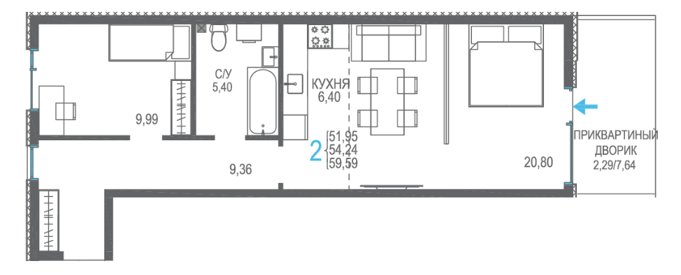 2-комнатная 59.6 м2 в ЖК undefined корпус null этаж 1