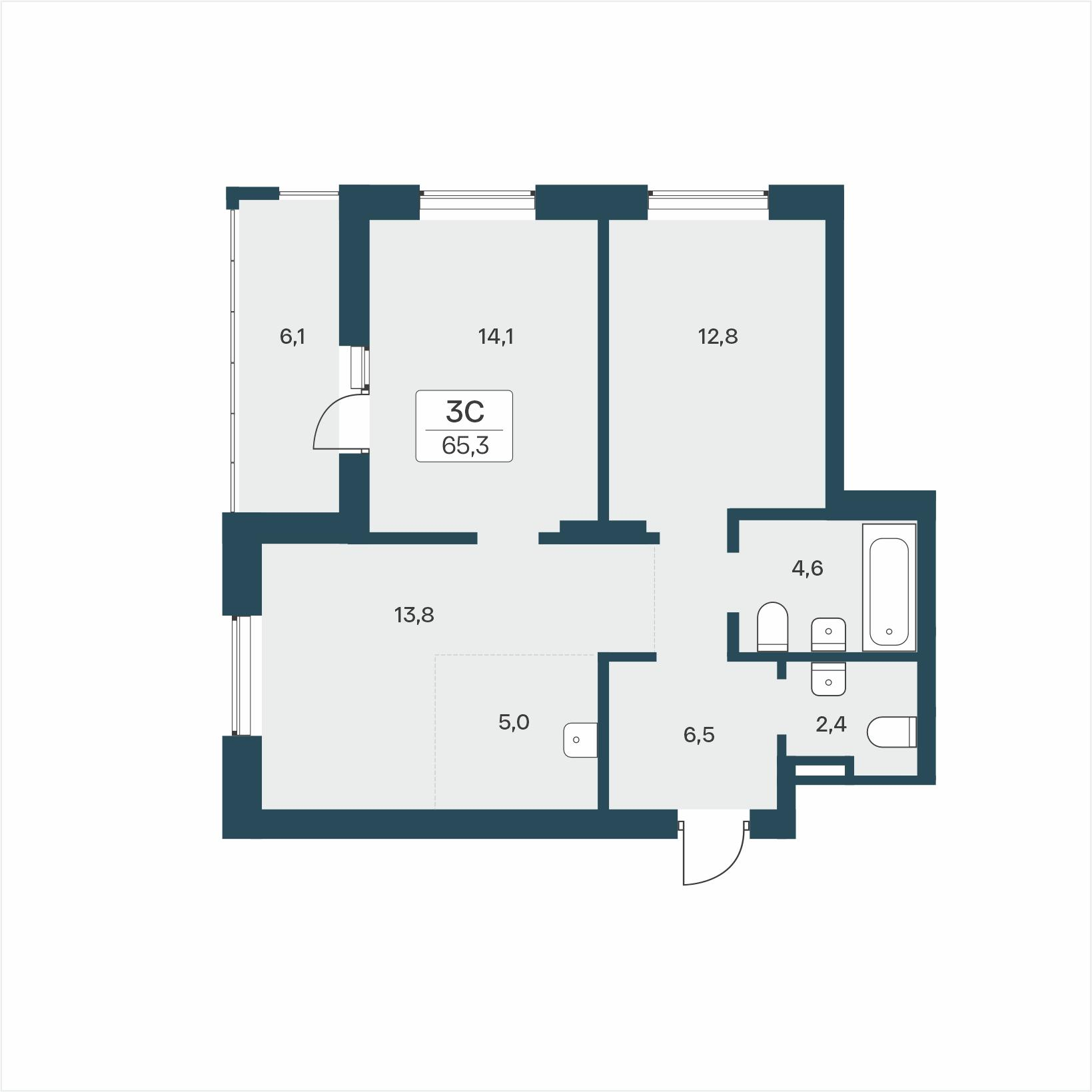 3-комнатная 65 м2 в ЖК Расцветай на Учительской корпус null этаж 3