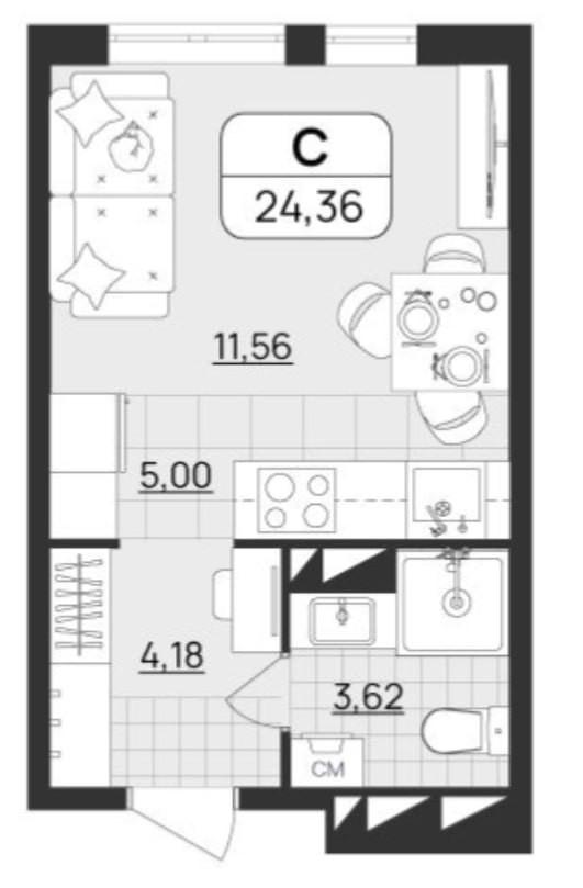 Студия 24.4 м2 в ЖК undefined корпус null этаж 10