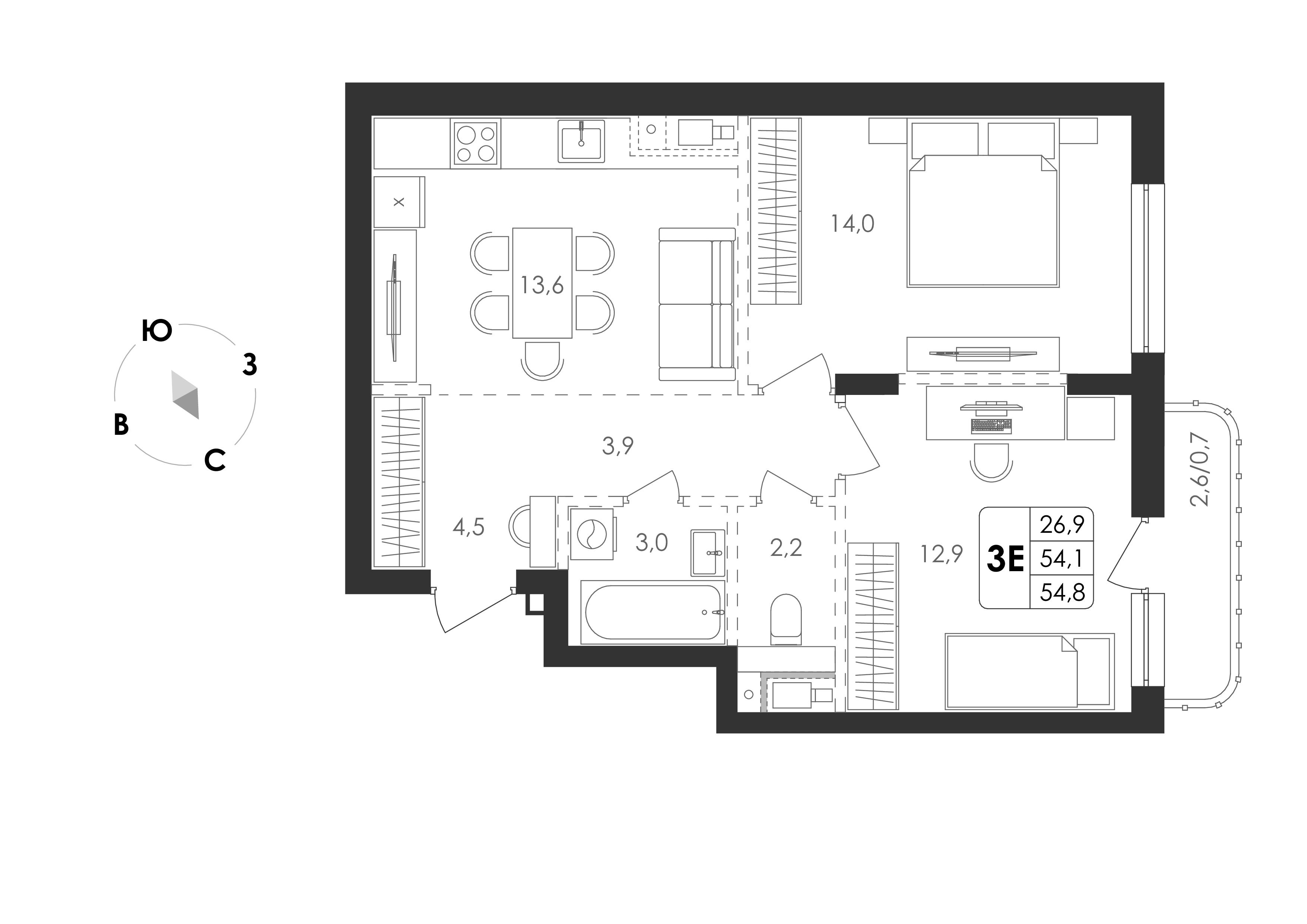3-комнатная 54 м2 в ЖК Циолковский корпус null этаж 4