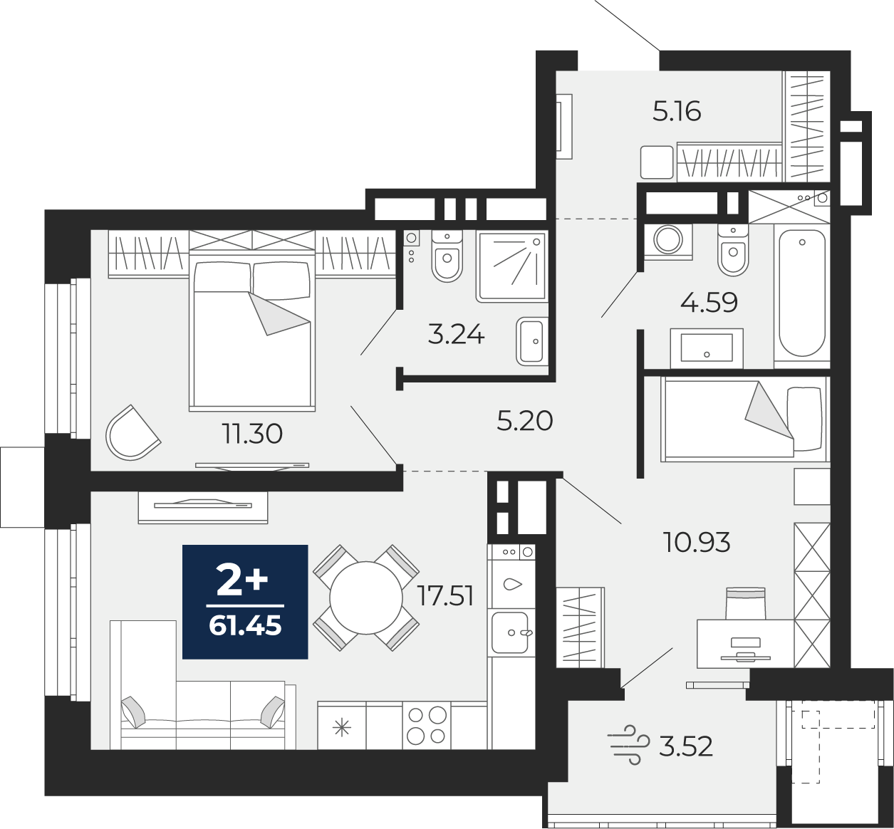 2-комнатная 57 м2 в ЖК Мириады корпус null этаж 2