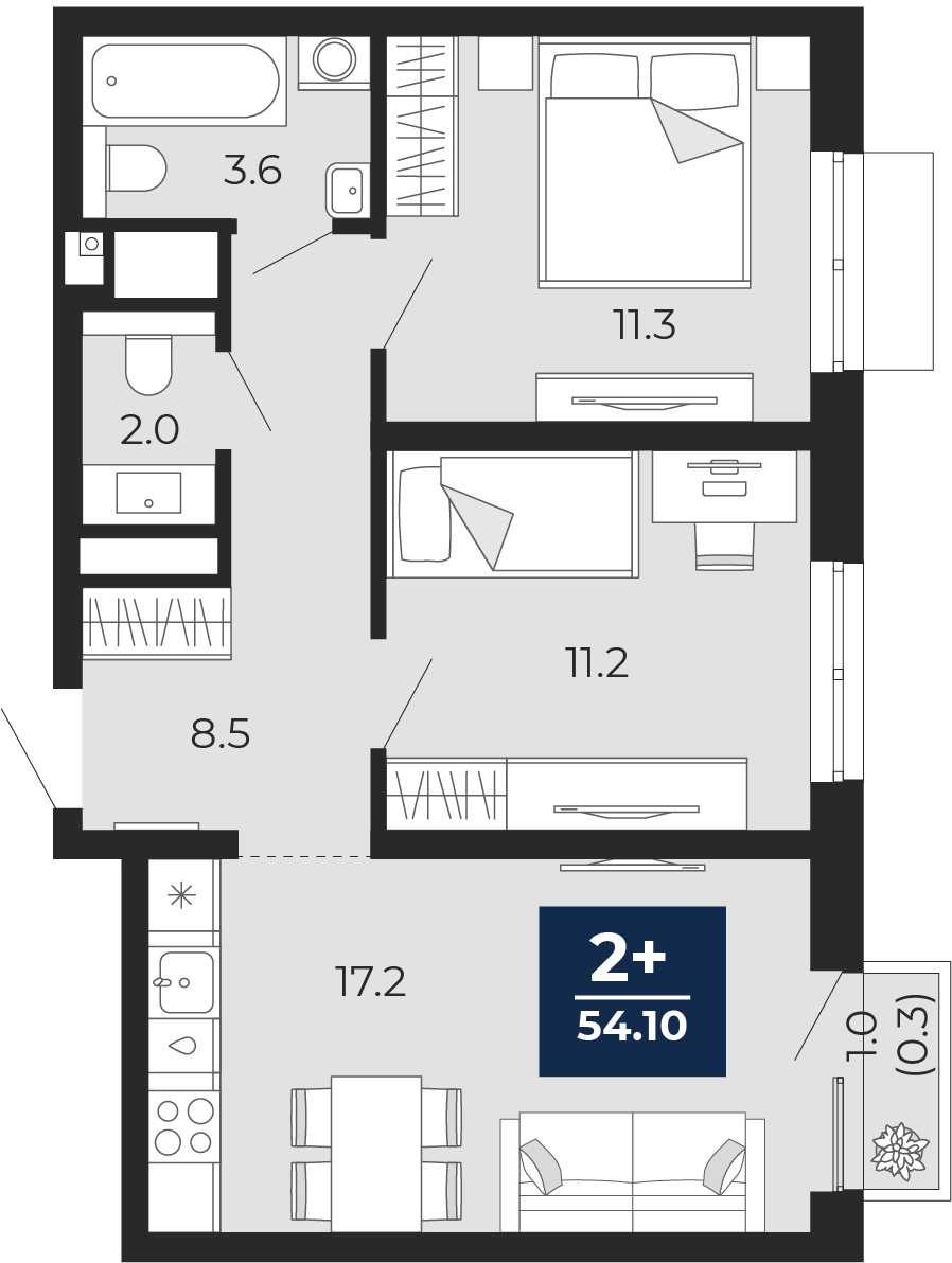 2-комнатная 53 м2 в ЖК Мириады корпус null этаж 15