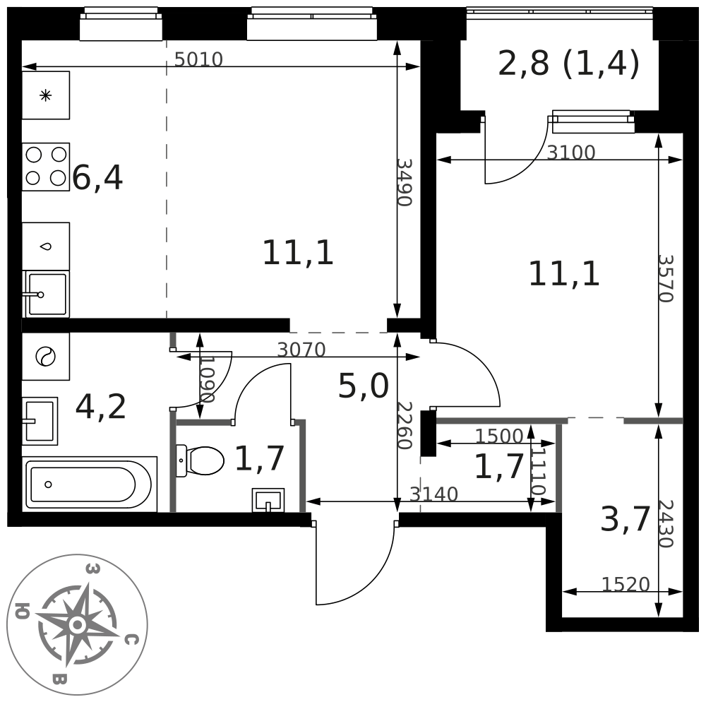 2-комнатная 46 м2 в ЖК 1-й Ясеневский корпус null этаж 2