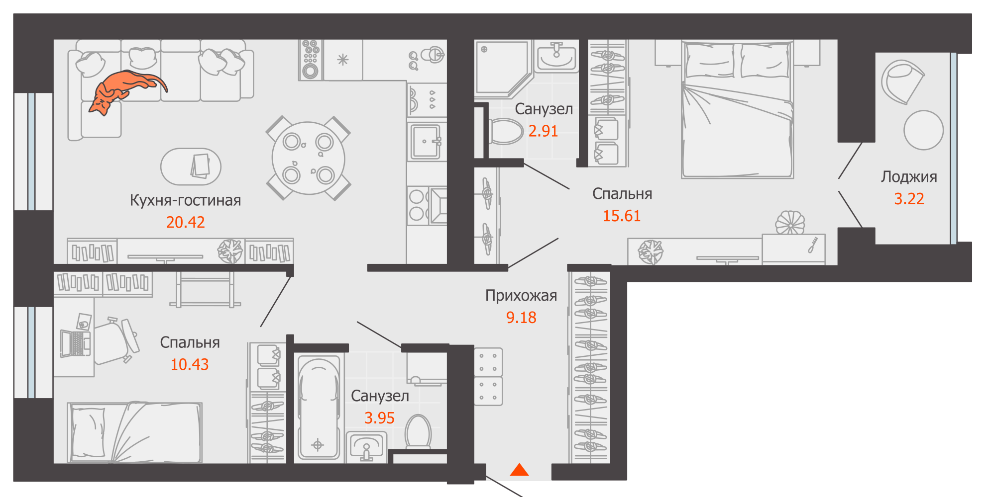 3-комнатная 64 м2 в ЖК ZNAK корпус null этаж 5