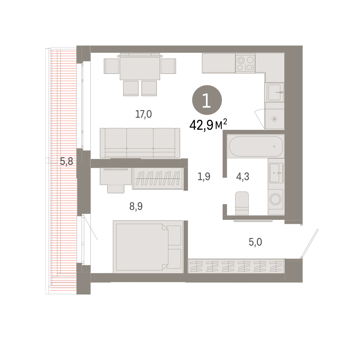 1-комнатная 43 м2 в ЖК Республики 205 корпус null этаж 11