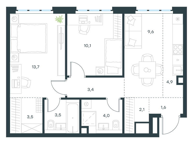 3-комнатная 56 м2 в ЖК Левел Южнопортовая корпус null этаж 9