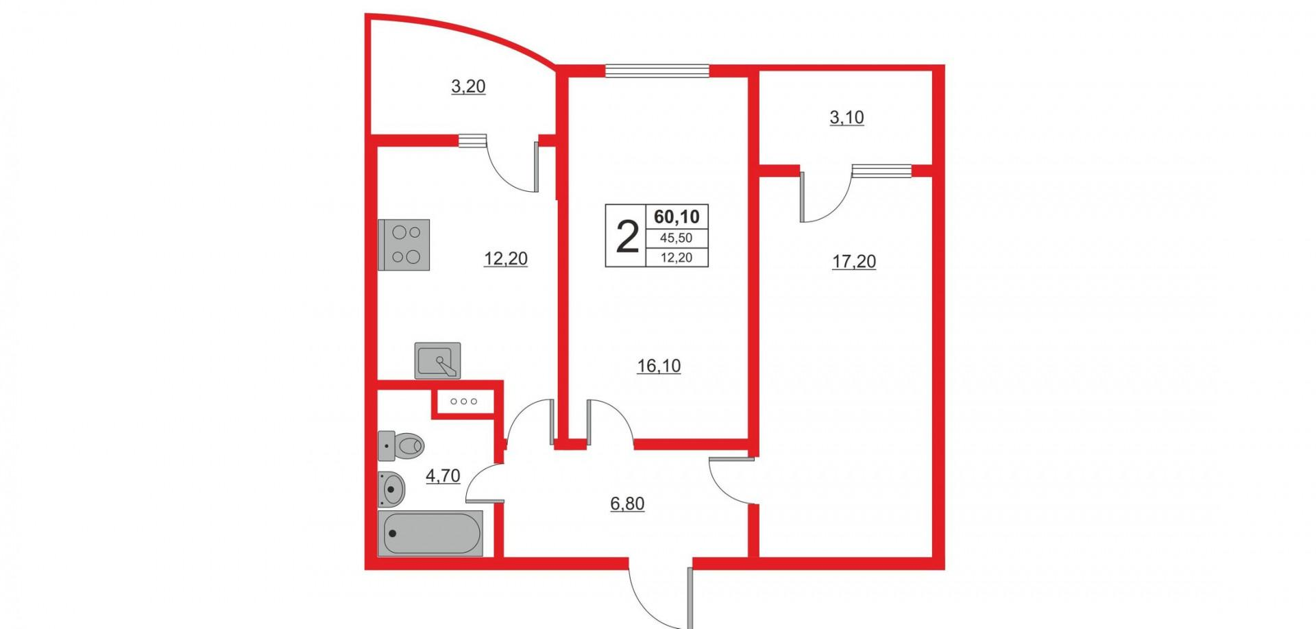 2-комнатная 55.5 м2 в ЖК undefined корпус null этаж 6