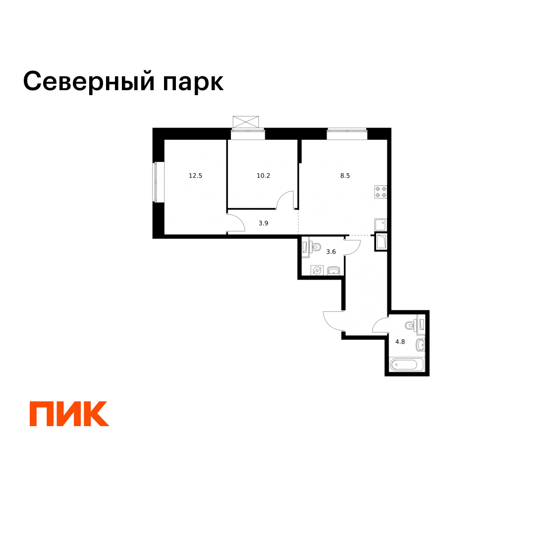 2-комнатная 61 м2 в ЖК Северный парк корпус null этаж 3