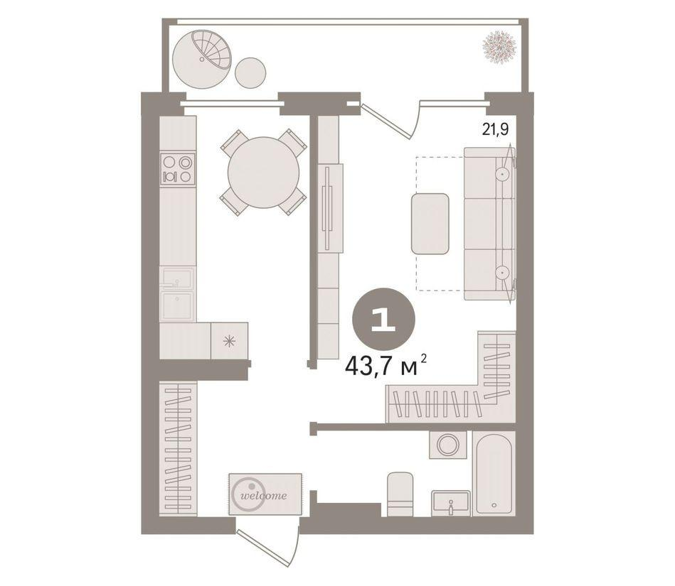 1-комнатная 43.7 м2 в ЖК undefined корпус null этаж 9
