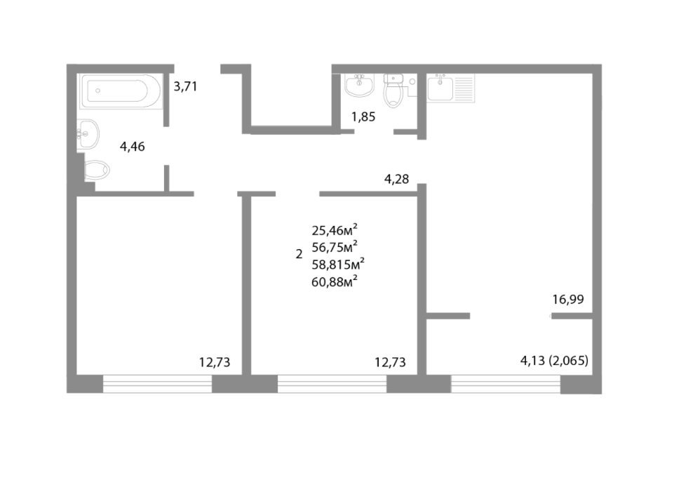 2-комнатная 58.8 м2 в ЖК undefined корпус null этаж 2