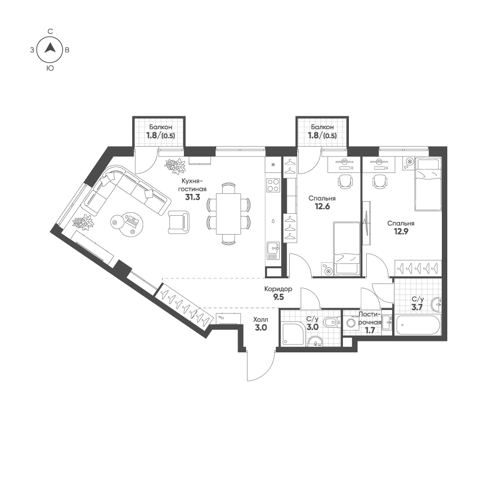 3-комнатная 78 м2 в ЖК Sokolinn Park корпус null этаж 6
