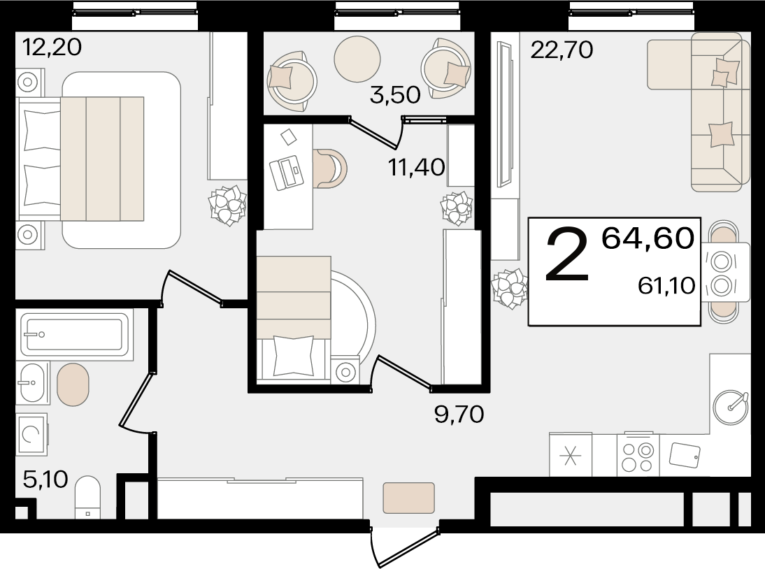 2-комнатная 64 м2 в ЖК Патрики корпус null этаж 13