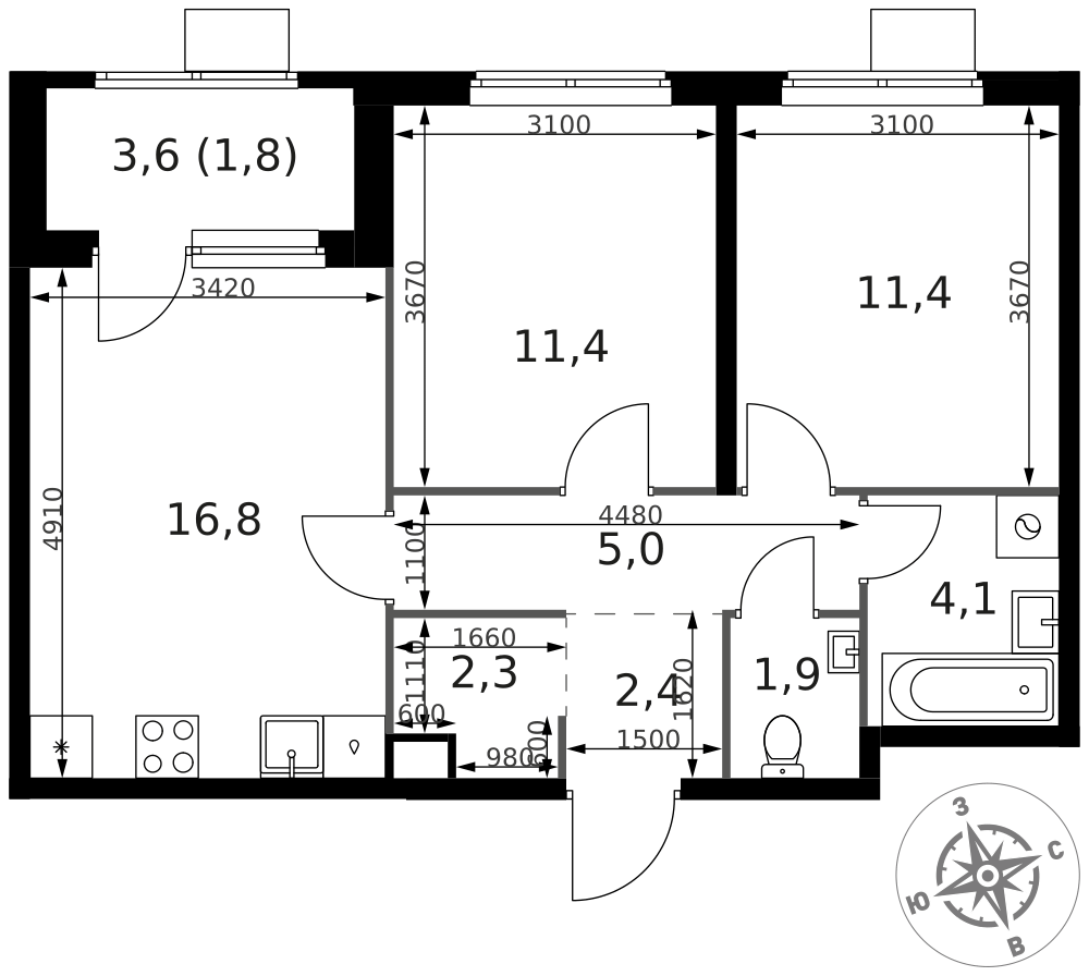 2-комнатная 57 м2 в ЖК 1-й Химкинский корпус null этаж 3