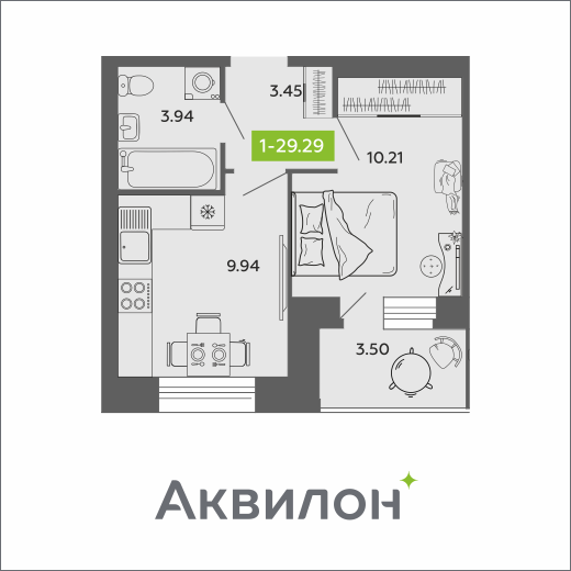 1-комнатная 29 м2 в ЖК Аквилон ROSA корпус null этаж 9