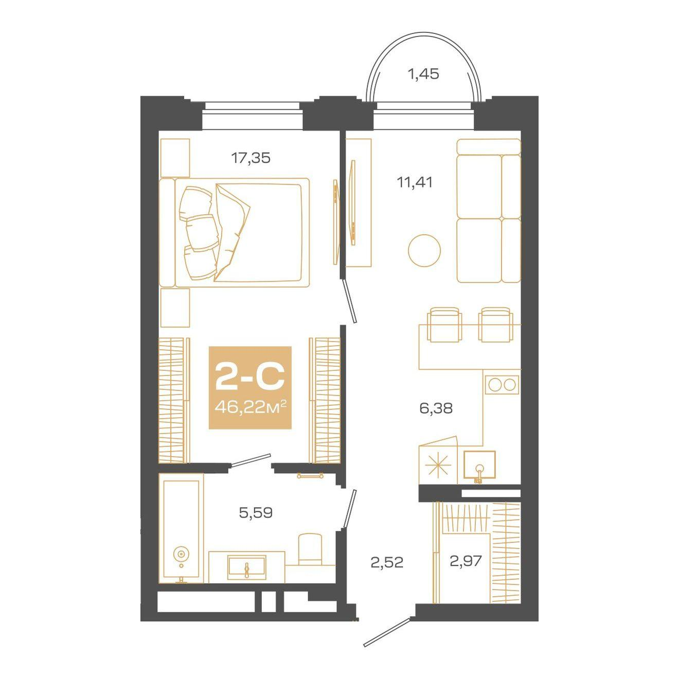 2-комнатная 46 м2 в ЖК Пульсар корпус null этаж 8