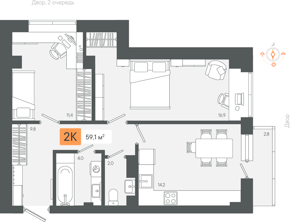 2-комнатная 59 м2 в ЖК Zori корпус null этаж 3