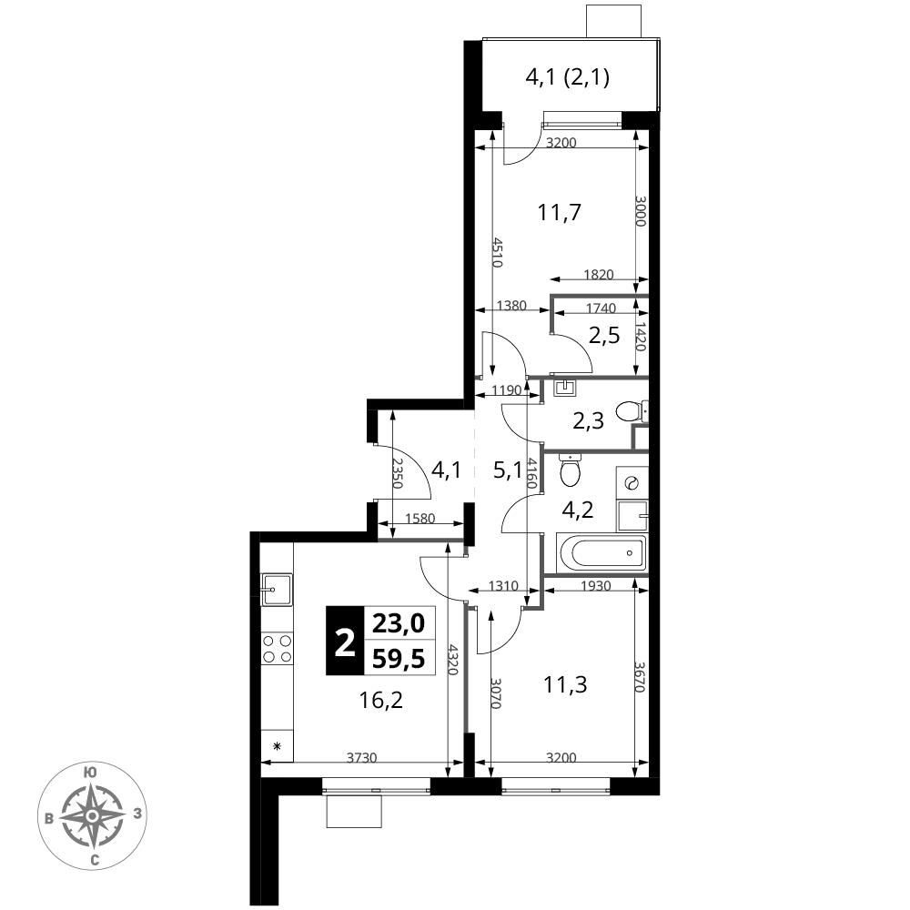 2-комнатная 59 м2 в ЖК 1-й Шереметьевский корпус null этаж 17