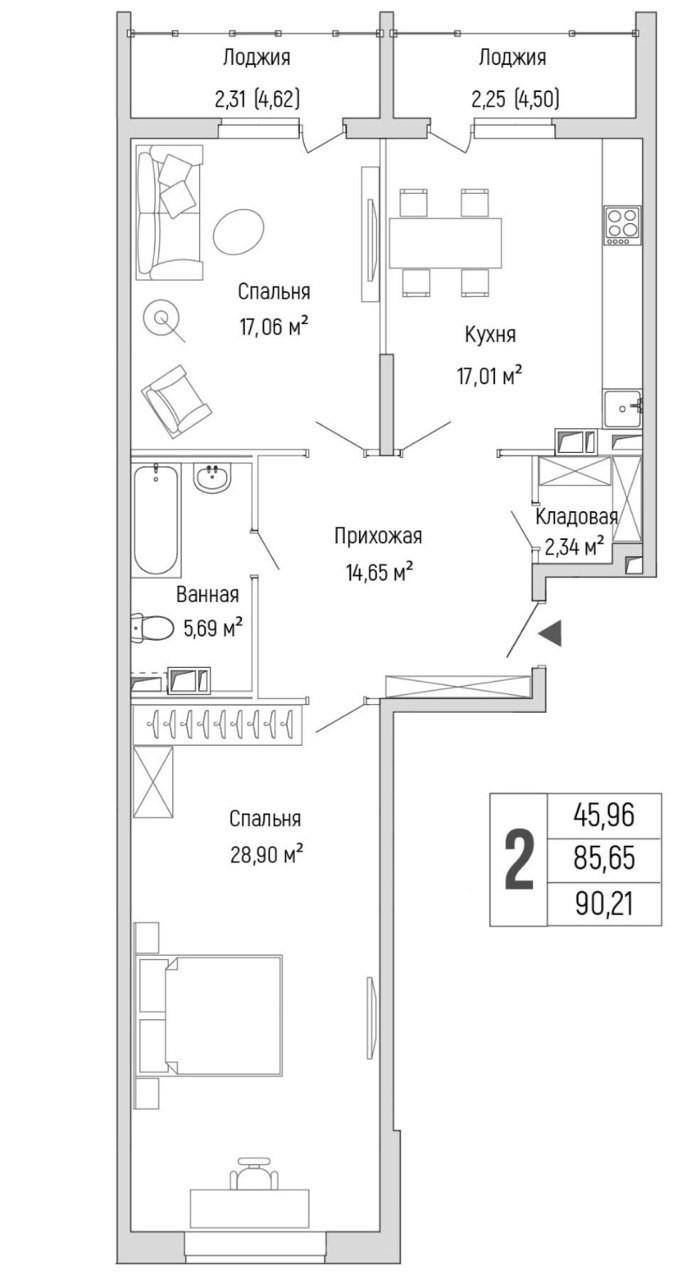 2-комнатная 90.2 м2 в ЖК undefined корпус null этаж 5