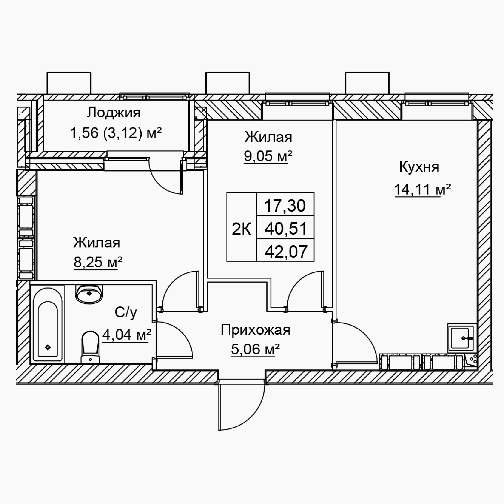 2-комнатная 42 м2 в ЖК Сталь корпус null этаж 14