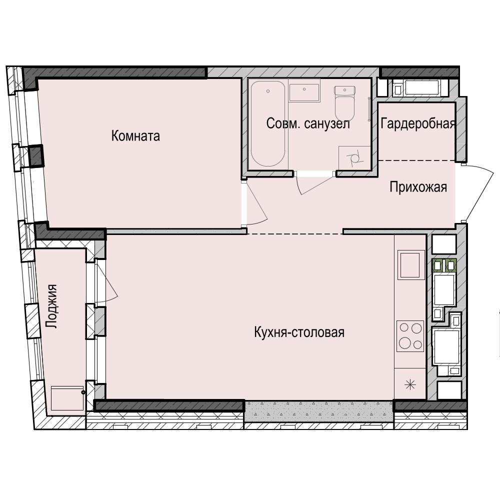 1-комнатная 40 м2 в ЖК Унай корпус null этаж 8