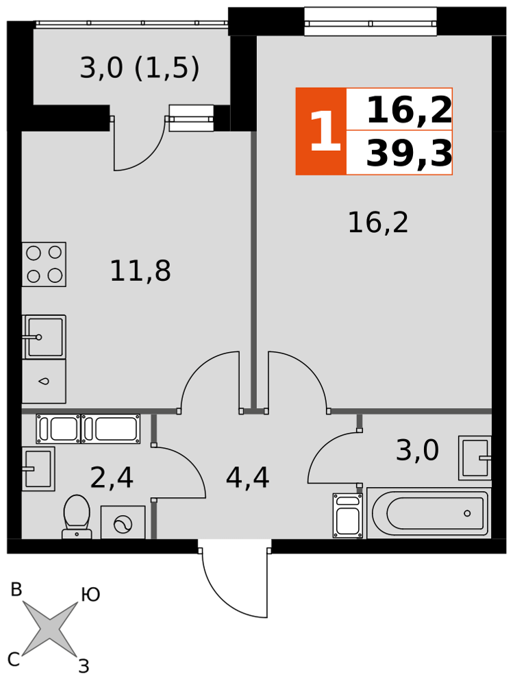 1-комнатная 39 м2 в ЖК Олимп (Обнинск) корпус null этаж 23